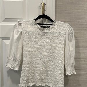 Veronica Beard White Smocked Puff-Sleeve Blouse